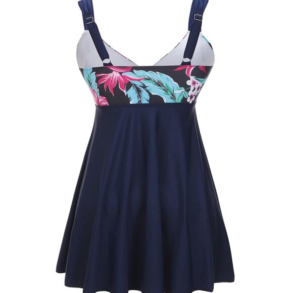 Floral Print Upper Two-Piece Swimsuit Navy Blue Tankini Swim Dress Beachwear - Picture 5 of 10